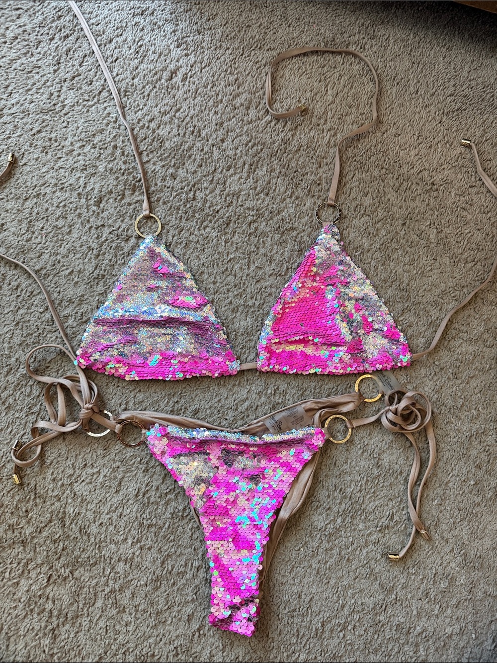 Beach Bunny Pink Sequin Triangle Bikini with Nude Straps